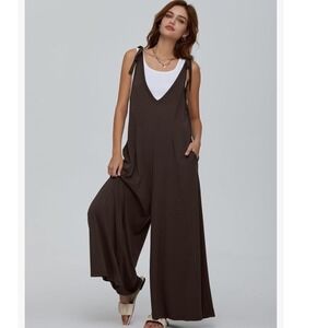 DEEP SELF Women's Causal Sleeveless Jumpsuits Wide Leg V Neck Tie‎ Strap Loose M